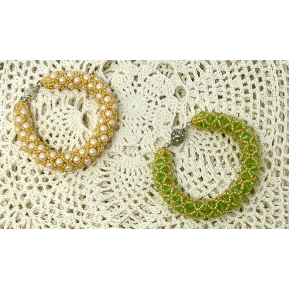 2‎ Vintage 1990s Handcrafted Beaded Bracelets - Yellow & Green - Picture 3 of 8